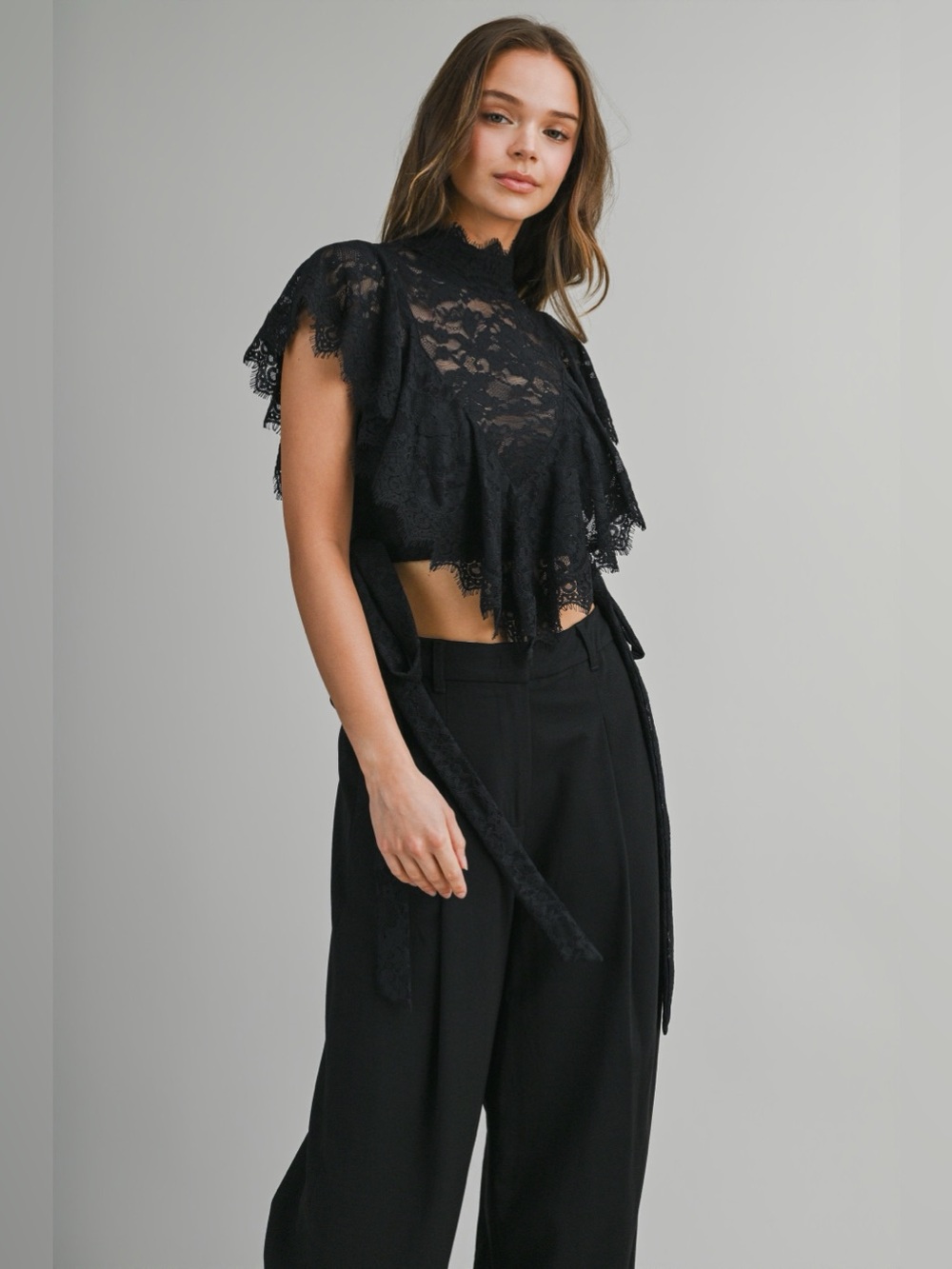 Catherine Ruffled Lace Black Crop Top - Picture 10 of 12